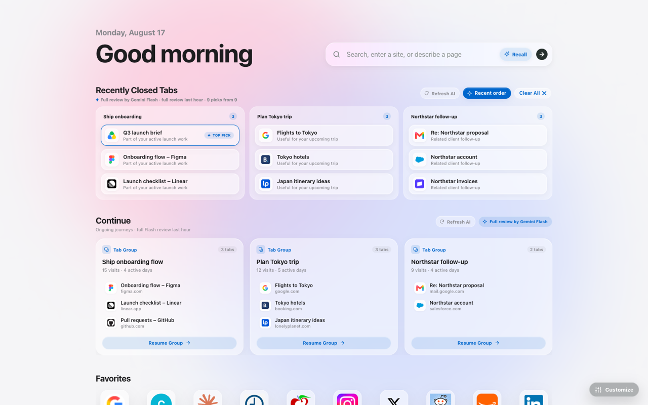 Safarian organizing recently closed tabs and ongoing journeys in the Classic theme