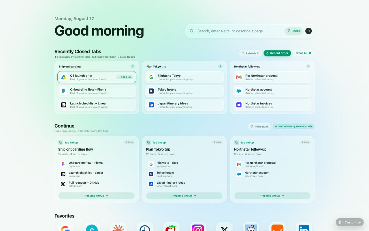 Safarian Emerald theme with AI-organized tabs and Continue journeys