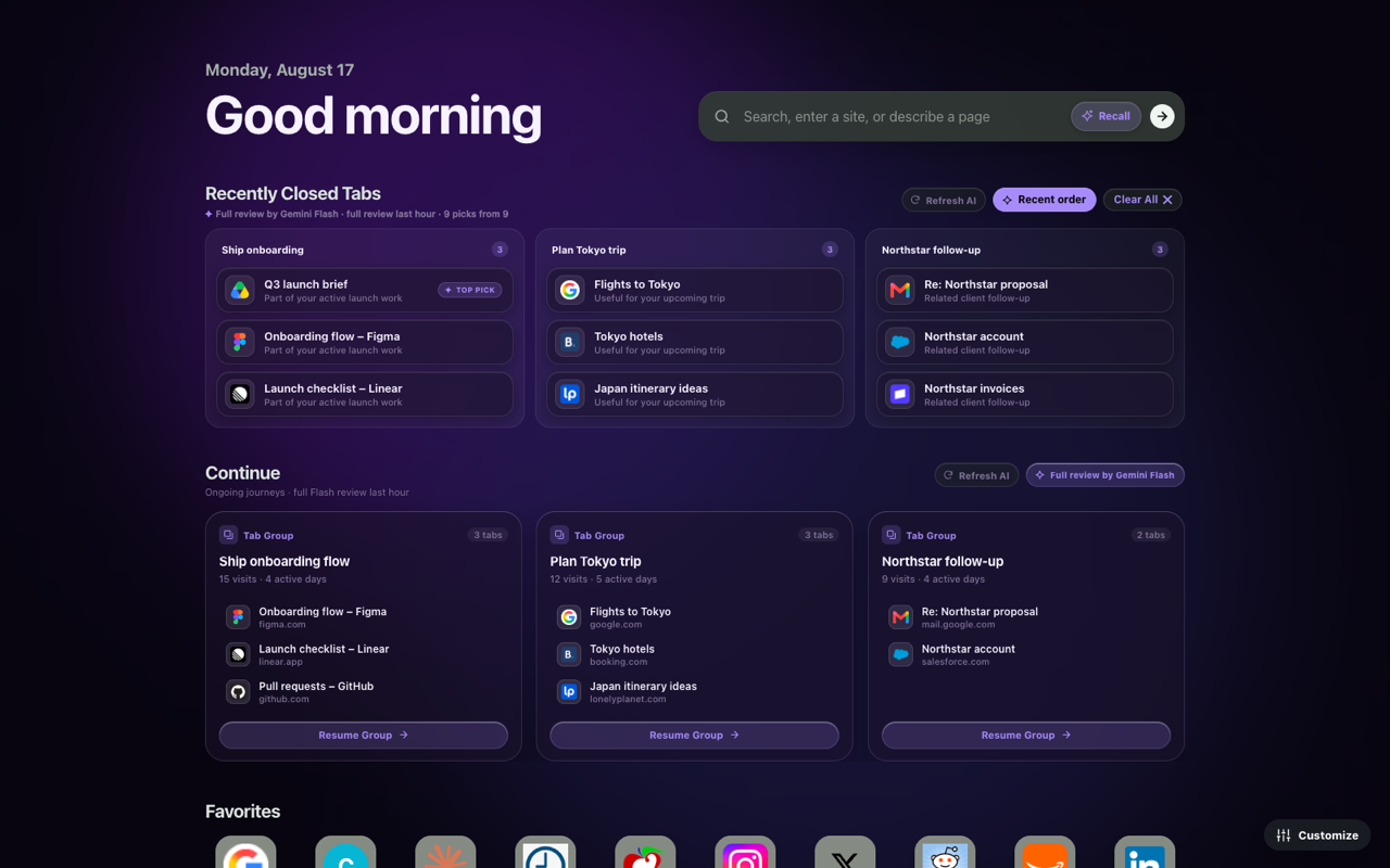 Safarian Twilight Dark theme with AI-organized tabs and Continue journeys